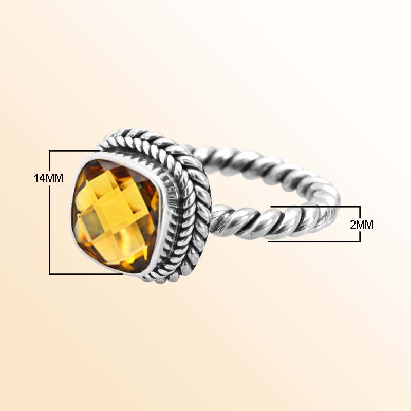 Artisan Sterling Silver Bali Ring With Citrine Quartz Cushion Center