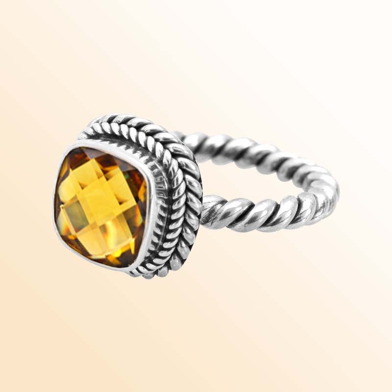 Artisan Sterling Silver Bali Ring With Citrine Quartz Cushion Center