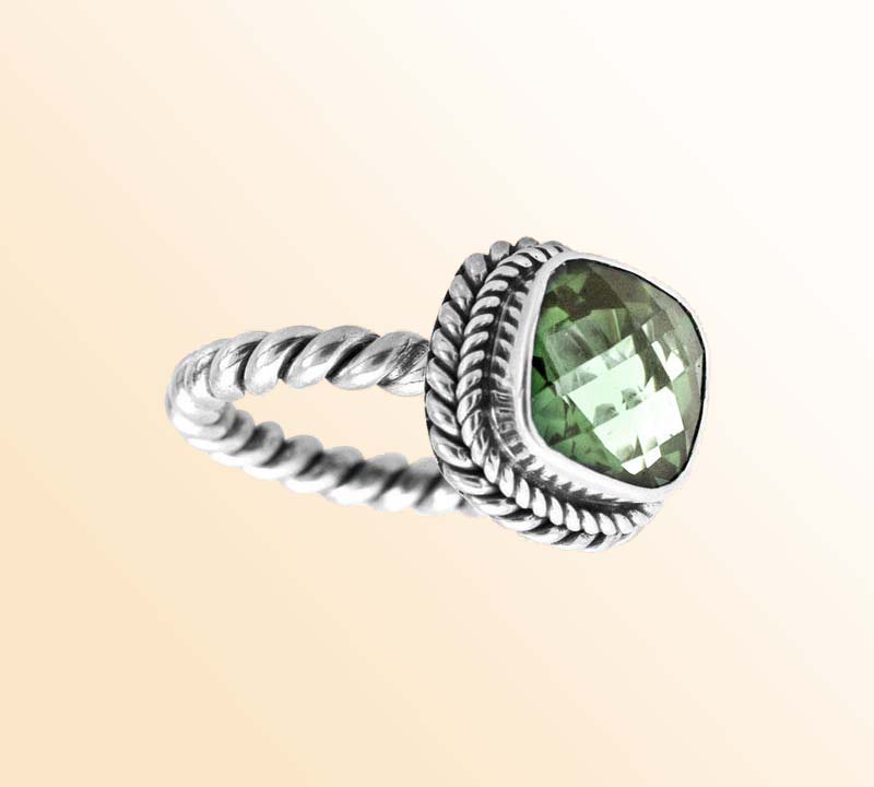 Artisan Sterling Silver Bali Ring With Green Amethyst Quartz Cushion Center