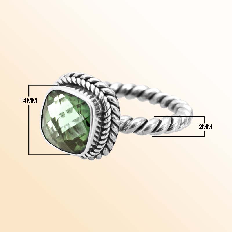 Artisan Sterling Silver Bali Ring With Green Amethyst Quartz Cushion Center
