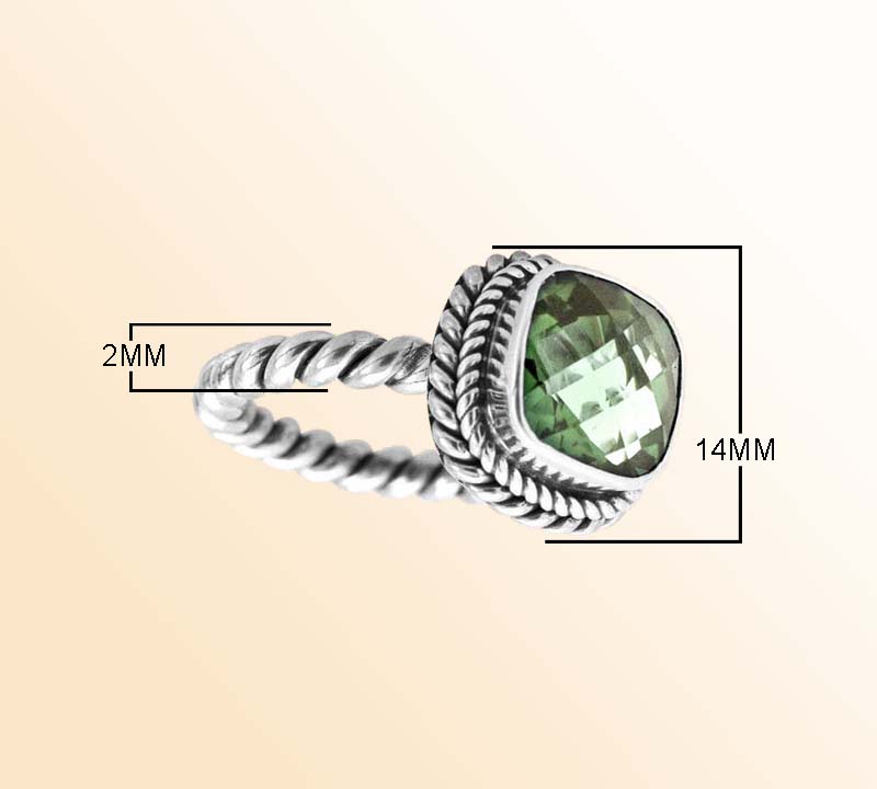 Artisan Sterling Silver Bali Ring With Green Amethyst Quartz Cushion Center