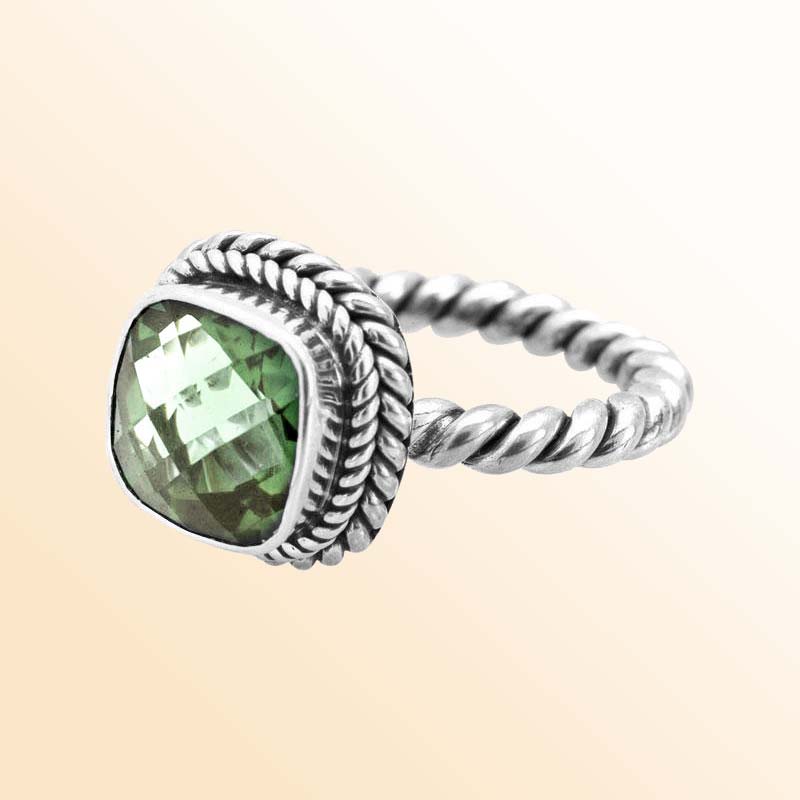 Artisan Sterling Silver Bali Ring With Green Amethyst Quartz Cushion Center