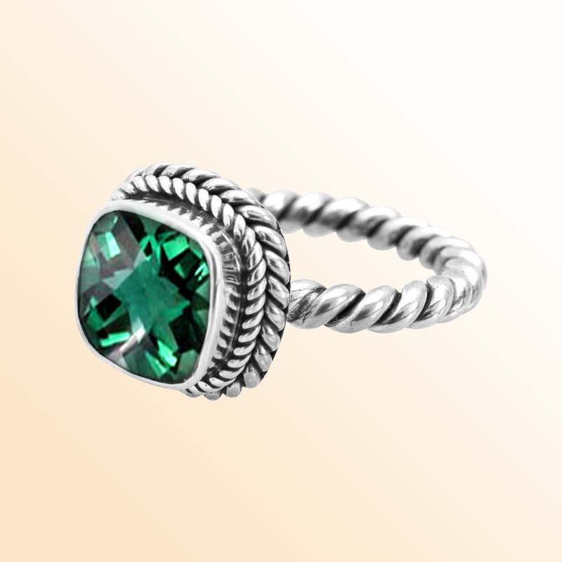 Artisan Sterling Silver Bali Ring With Green Quartz Cushion Center
