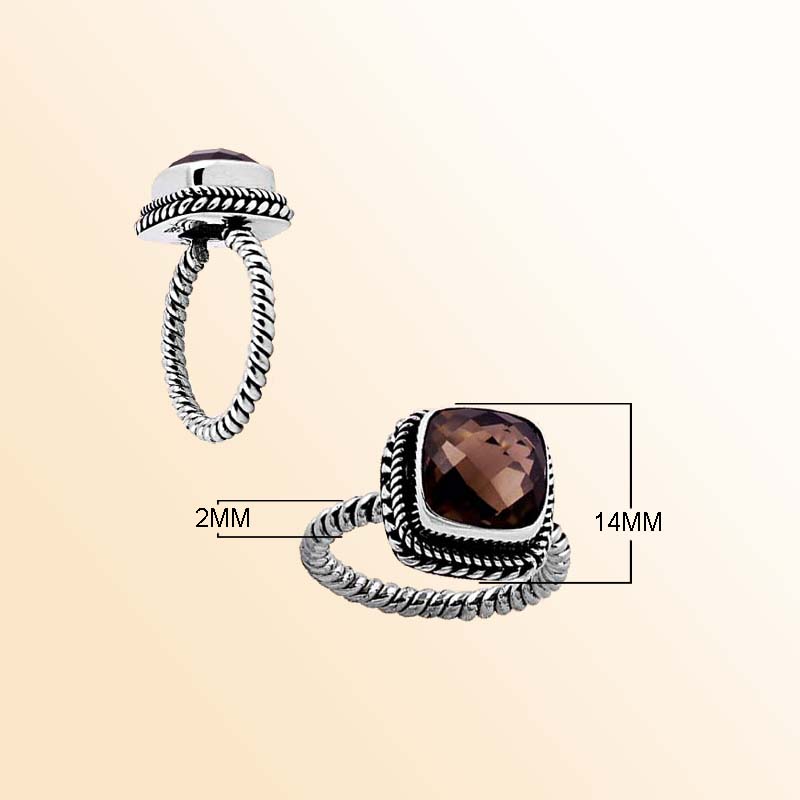 Artisan Sterling Silver Bali Ring With Smokey Quartz Cushion Center