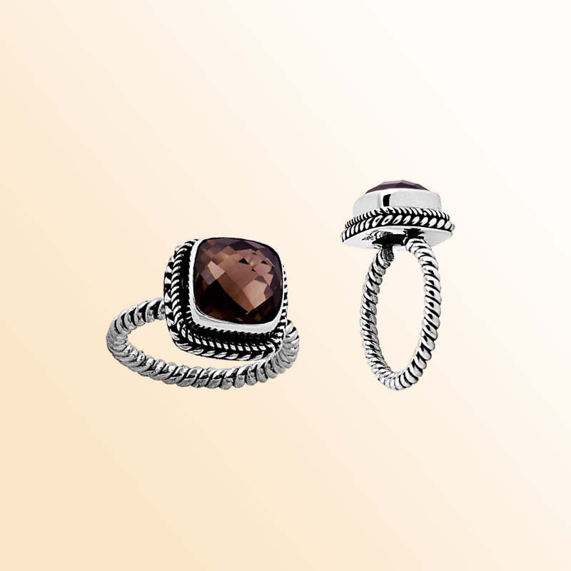 Artisan Sterling Silver Bali Ring With Smokey Quartz Cushion Center