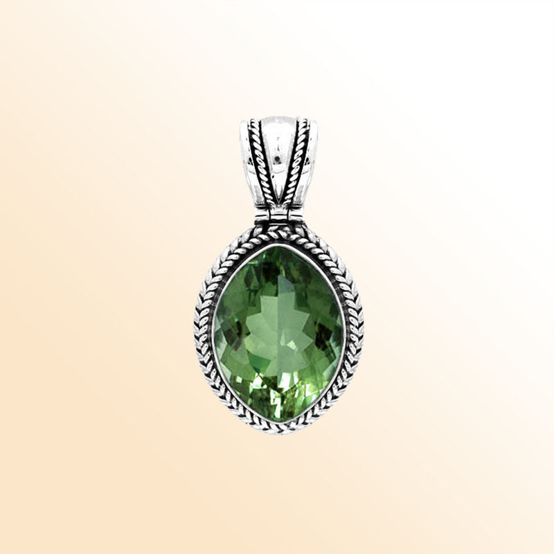 Artisan Sterling Silver Pendant With Oval Green Quartz And Rope Border
