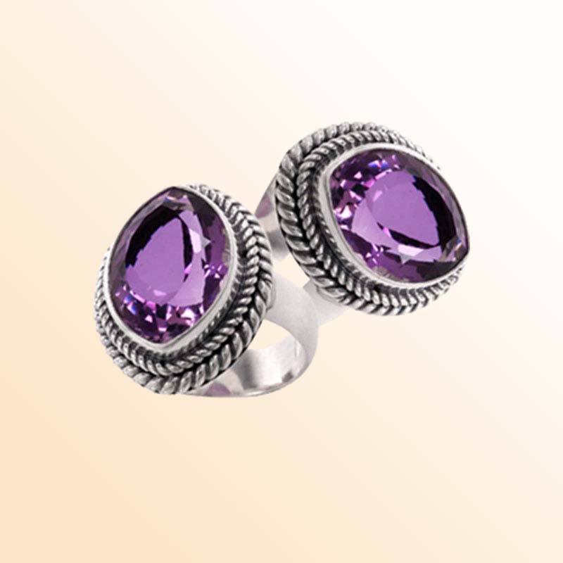 Artisan Sterling Silver Bali Ring With Double Amethyst Quartz Oval Stones