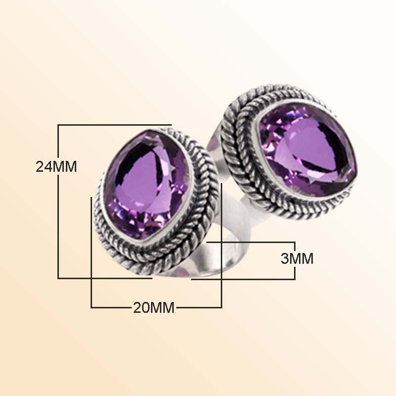 Artisan Sterling Silver Bali Ring With Double Amethyst Quartz Oval Stones