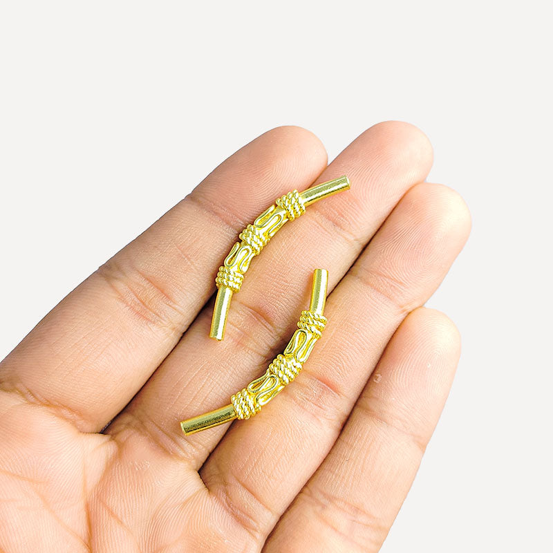 Handcrafted 18K Gold Overlay Tube Over Copper curved jewelry bead from India with polished finish