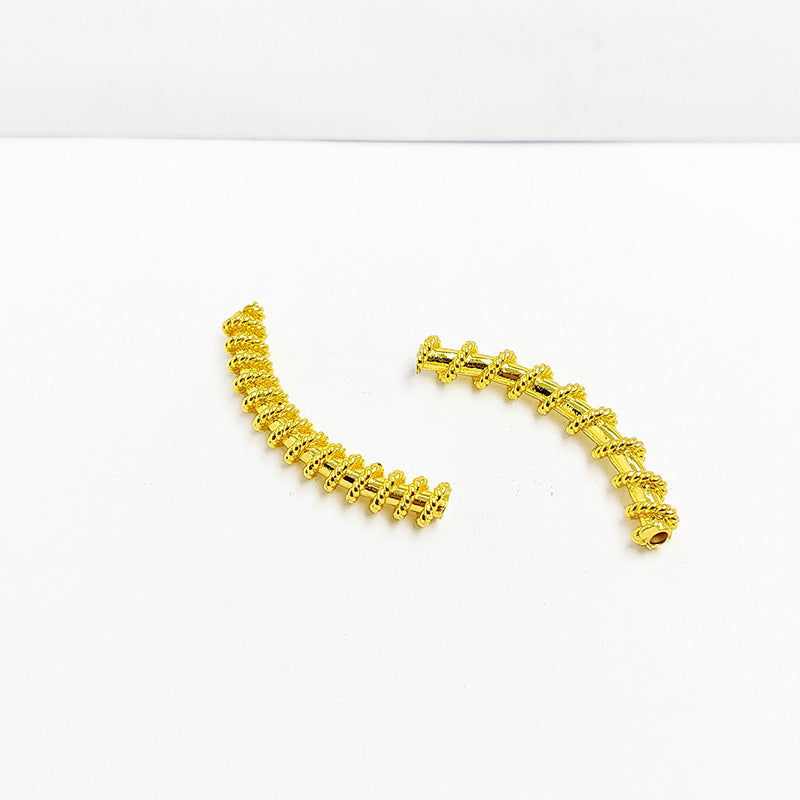 Handcrafted 18K Gold Overlay Tube Over Copper curved segmented jewelry bead from India with polished finish