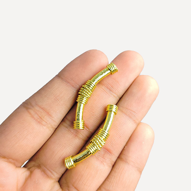 Handcrafted 18K Gold Overlay Tube Over Copper curved jewelry bead from India with polished finish