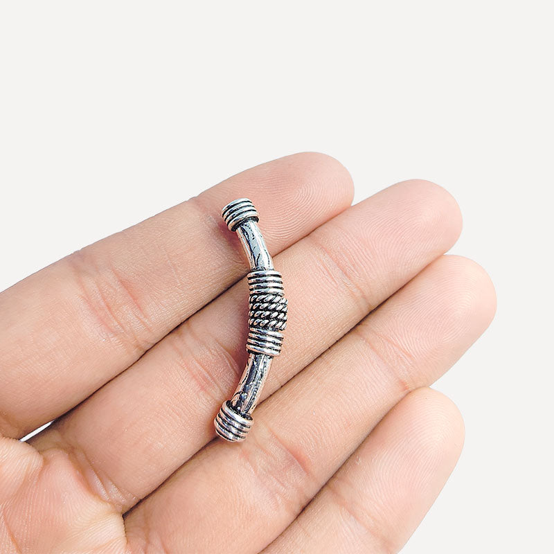 Handcrafted silver overlay tube bead from India with oxidized finish and rope detail for retail jewelry making