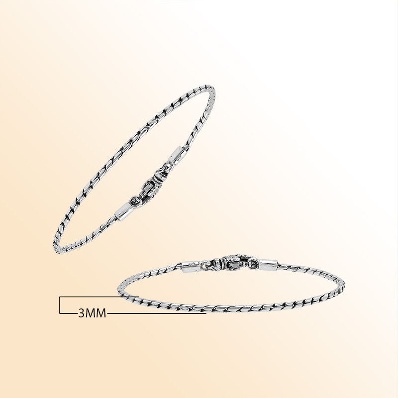 Elegant sterling silver twisted hook chain bracelet with polished finish and 3MM chain diameter, crafted for everyday sophistication and modern minimalist style.