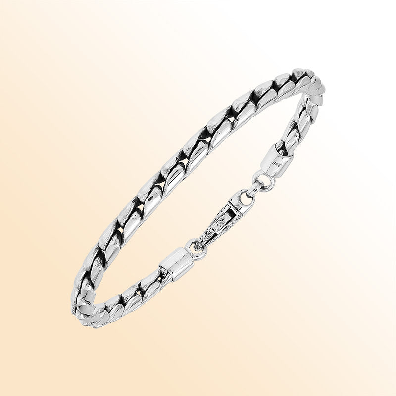 Handcrafted Sterling Silver Bali Solid Link Chain Bracelet With Reflective Finish And Lobster Lock.