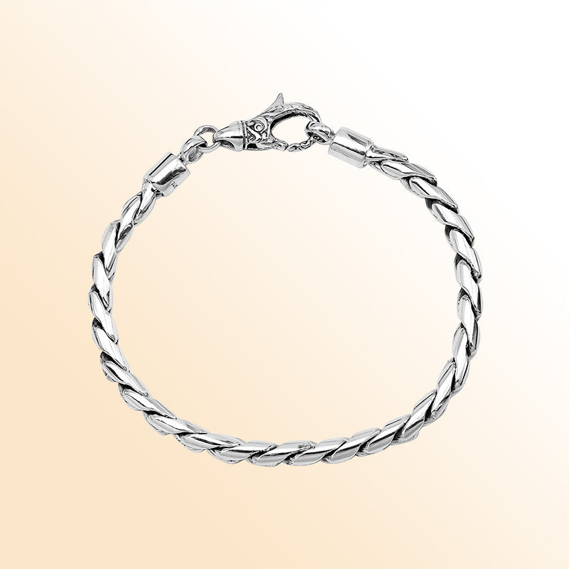 Handcrafted Sterling Silver Bali Solid Link Chain Bracelet With Reflective Finish And Lobster Lock.