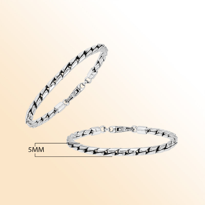 Handcrafted Sterling Silver Bali Solid Link Chain Bracelet With Reflective Finish And Lobster Lock.