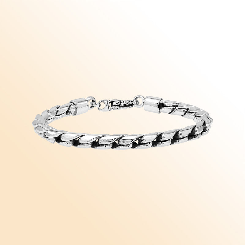 Handcrafted Sterling Silver Bali Heavy Link Chain Bracelet With Reflective Finish And Lobster Lock.