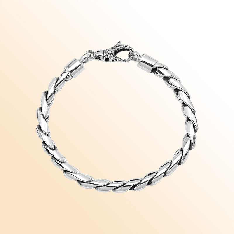 Handcrafted Sterling Silver Bali Heavy Link Chain Bracelet With Reflective Finish And Lobster Lock.