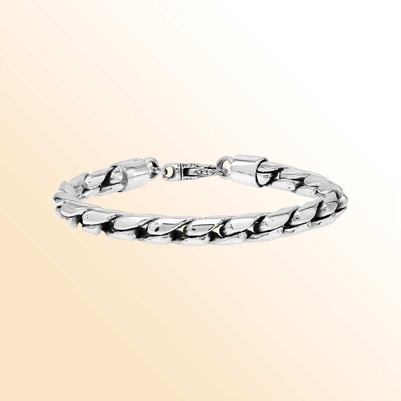 Handcrafted Sterling Silver Bali Wide Link Chain Bracelet With Reflective Finish And Lobster Lock.