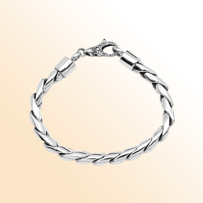 Handcrafted Sterling Silver Bali Wide Link Chain Bracelet With Reflective Finish And Lobster Lock.