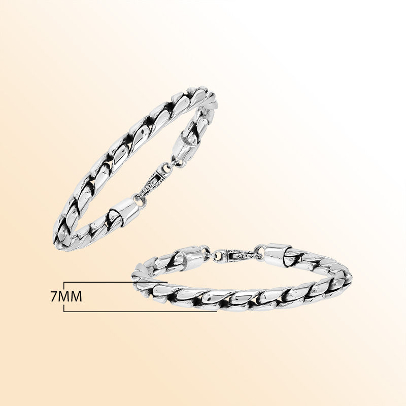 Handcrafted Sterling Silver Bali Wide Link Chain Bracelet With Reflective Finish And Lobster Lock.