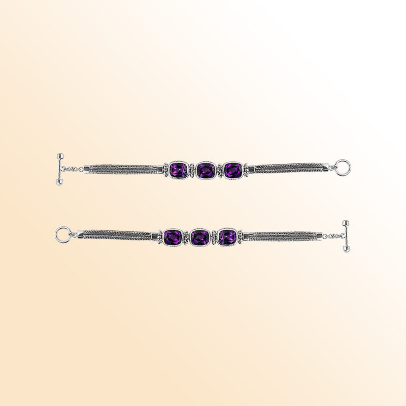Handcrafted Sterling Silver Bali Amethyst Quartz Cushion Link Bracelet With Reflective Finish And Toggle Clasp.