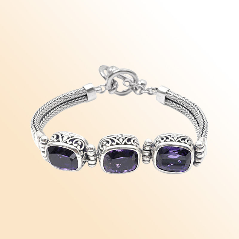 Handcrafted Sterling Silver Bali Amethyst Quartz Cushion Link Bracelet With Reflective Finish And Toggle Clasp.