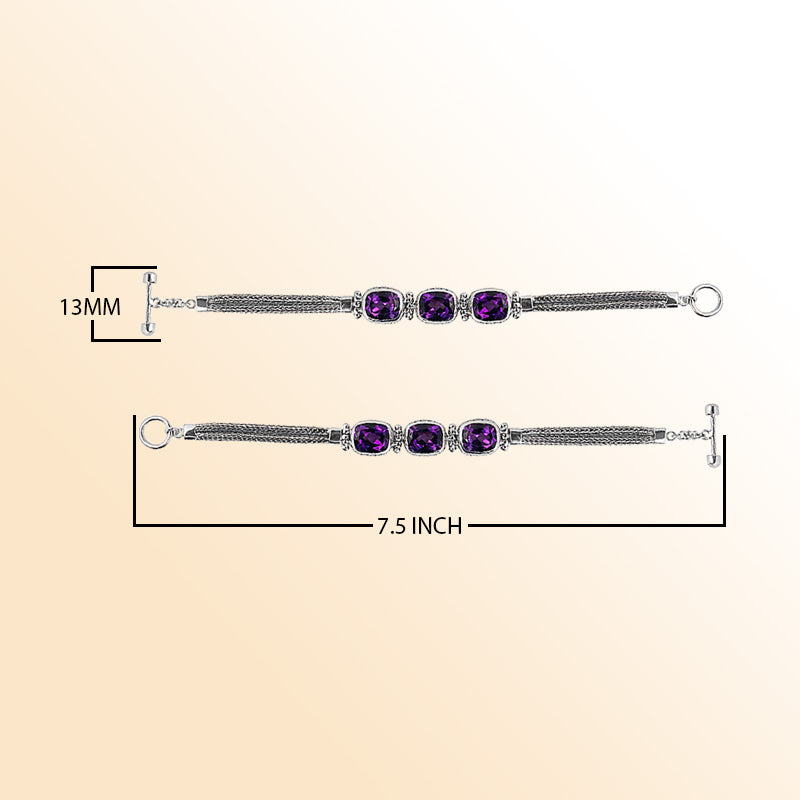 Handcrafted Sterling Silver Bali Amethyst Quartz Cushion Link Bracelet With Reflective Finish And Toggle Clasp.