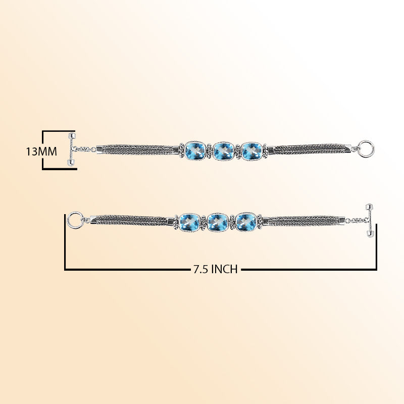 Handcrafted Sterling Silver Bali Blue Topaz Quartz Cushion Link Bracelet With Reflective Finish And Toggle Clasp.