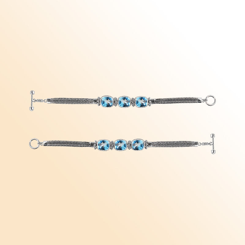 Sterling Silver Bali Blue Topaz Quartz Cushion Link Bracelet With Woven Chain Sides For Radiant Everyday Style