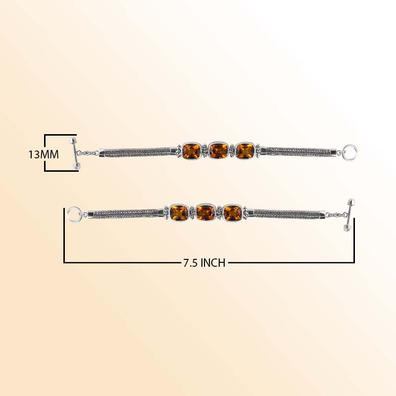 Handcrafted Sterling Silver Bali Citrine Quartz Cushion Link Bracelet With Reflective Finish And Toggle Clasp.