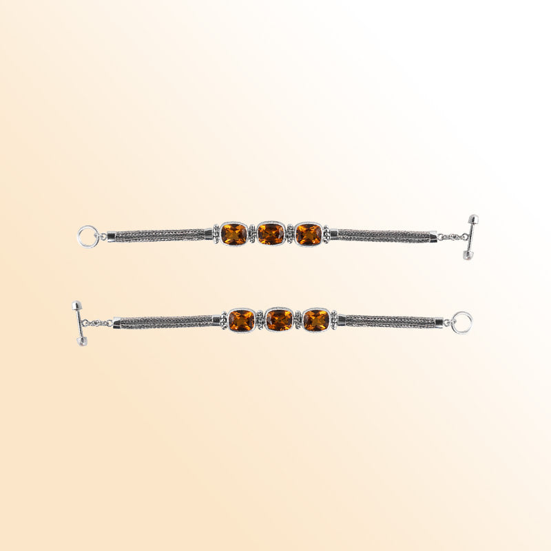 Handcrafted Sterling Silver Bali Citrine Quartz Cushion Link Bracelet With Reflective Finish And Toggle Clasp.