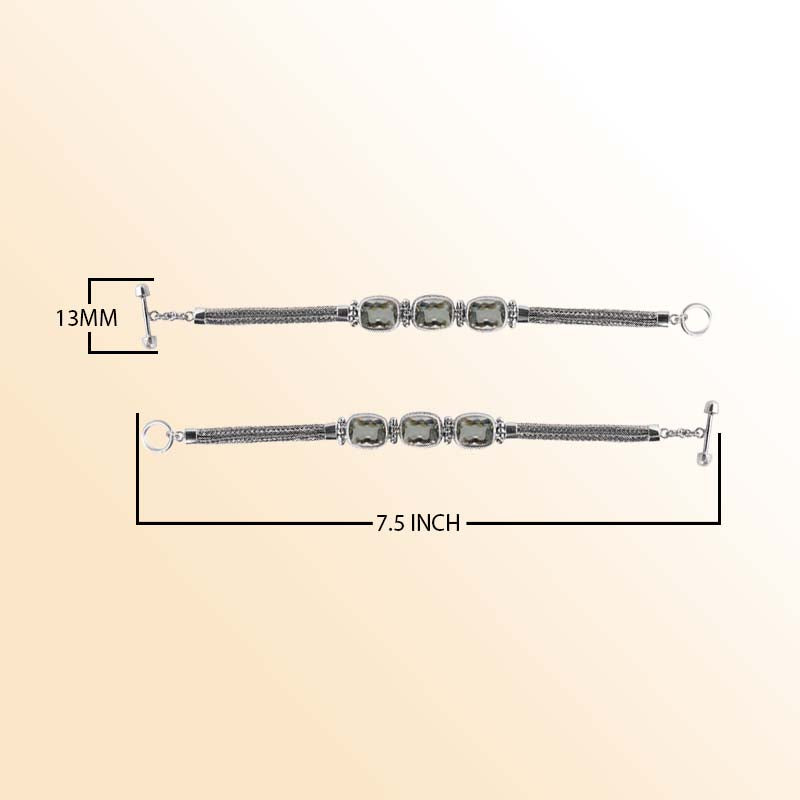 Handcrafted Sterling Silver Bali Green Amethyst Quartz Cushion Link Bracelet With Reflective Finish And Toggle Clasp.