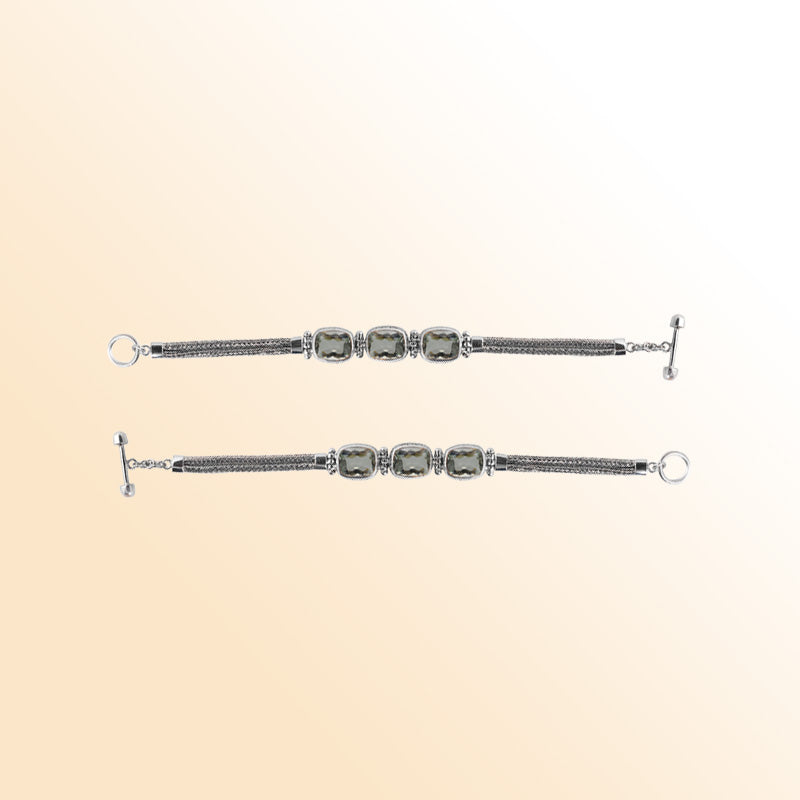 Handcrafted Sterling Silver Bali Green Amethyst Quartz Cushion Link Bracelet With Reflective Finish And Toggle Clasp.