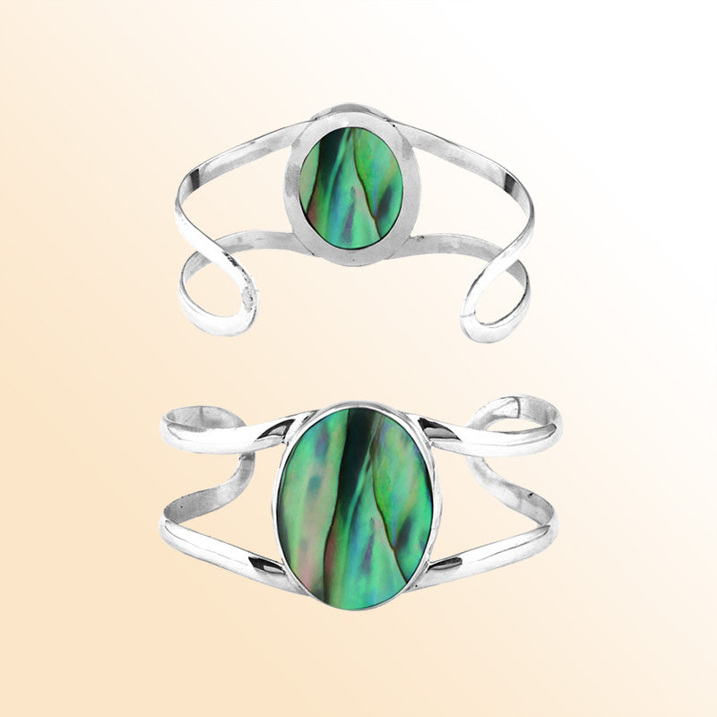Sterling Silver Open Cuff Bracelet With Oval Abalone Shell Centerpiece
