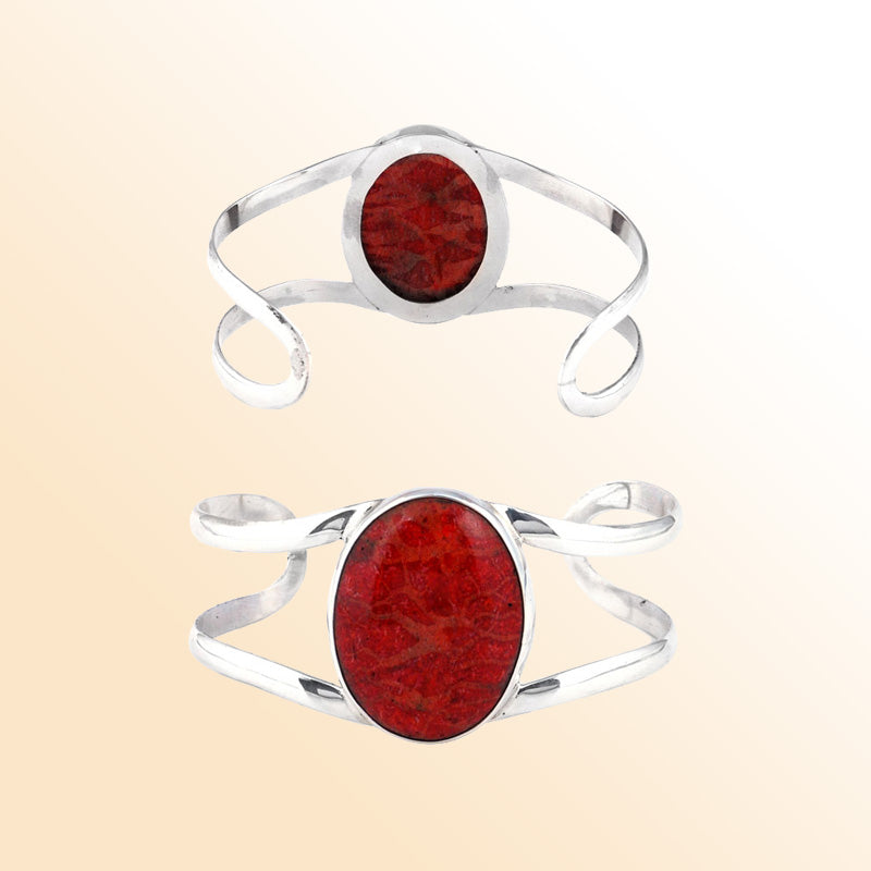Sterling Silver Open Cuff Bracelet With Oval Red Coral Centerpiece