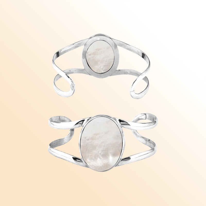 Sterling Silver Open Cuff Bracelet With Oval Mother Of Pearl Centerpiece