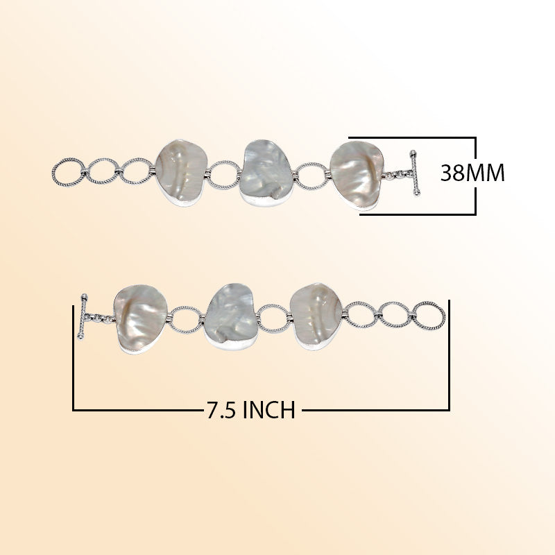 Sterling Silver Bracelet With Organic Mother Of Pearl And Textured Links