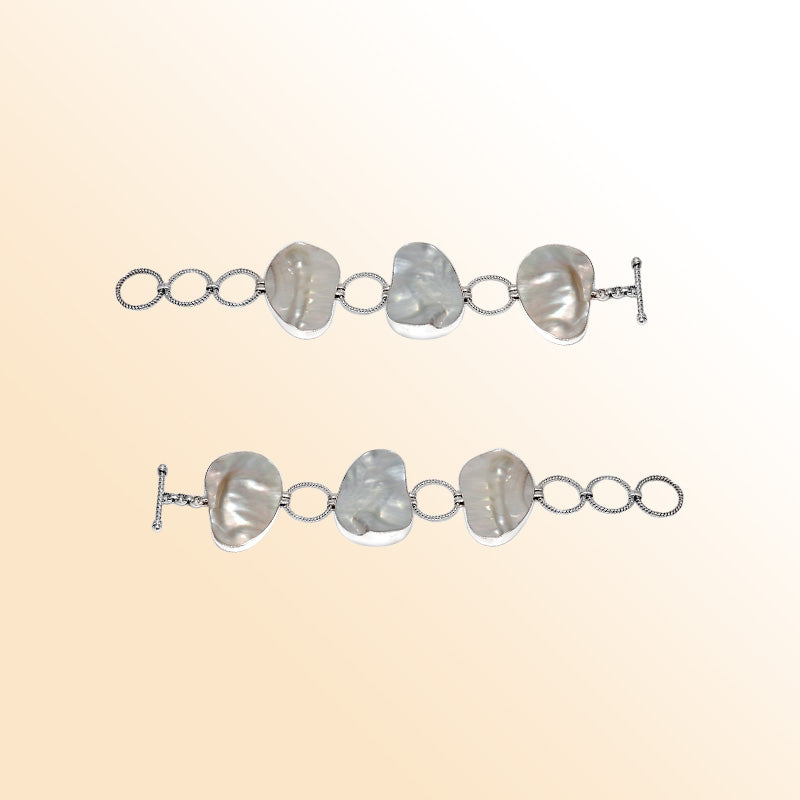 Sterling Silver Bracelet With Organic Mother Of Pearl And Textured Links