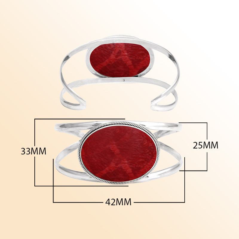 Sterling Silver Cuff Bracelet With Oval Red Coral And Curved Bands