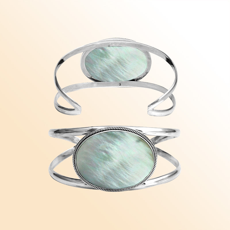 Sterling Silver Cuff Bracelet With Oval Mother Of Pearl And Curved Bands