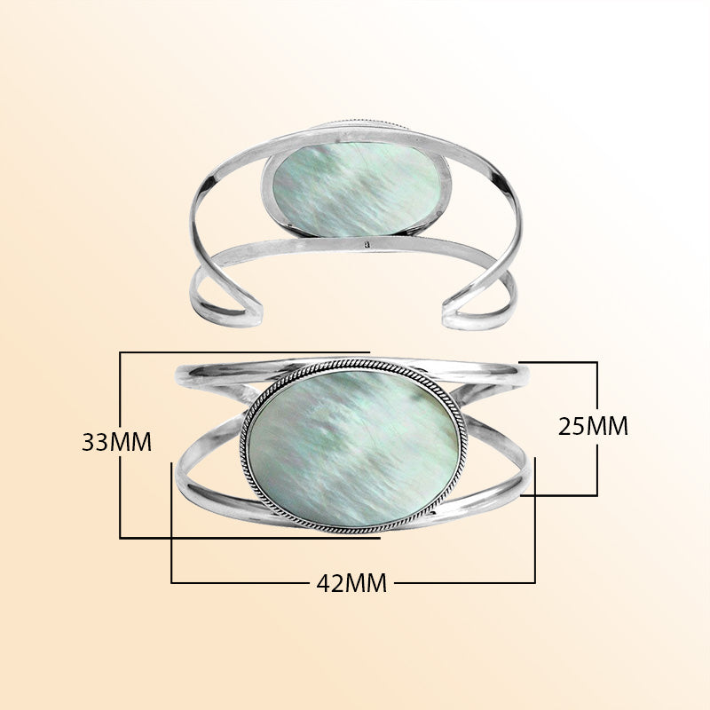 Sterling Silver Cuff Bracelet With Oval Mother Of Pearl And Curved Bands