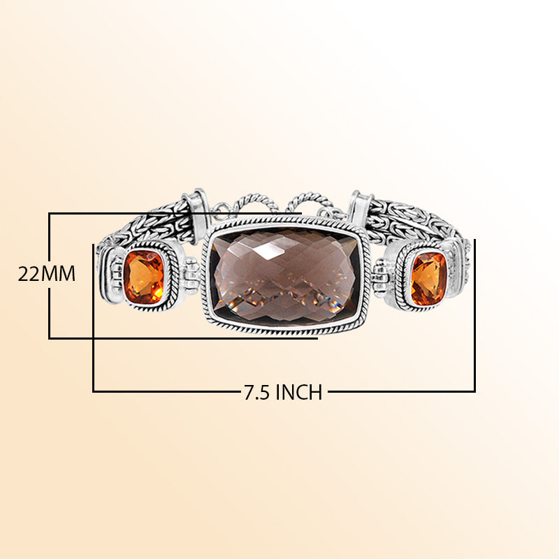 Sterling Silver Bracelet With Faceted Smoky Quartz And Citrine Quartz Accents