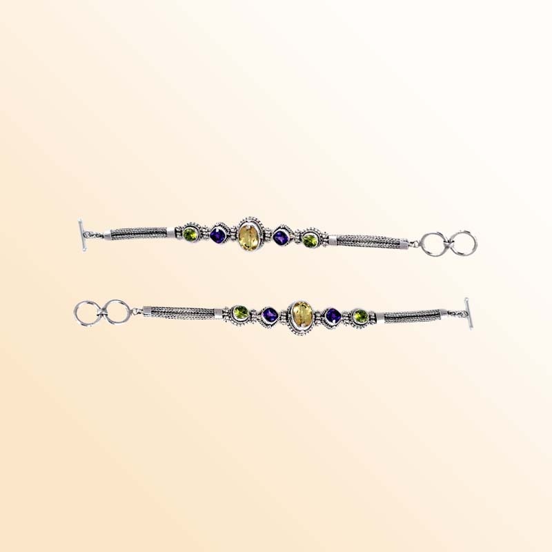 Sterling Silver Multi-Stone Bracelet With Citrine Quartz, Amethyst Quartz, And Peridot Quartz