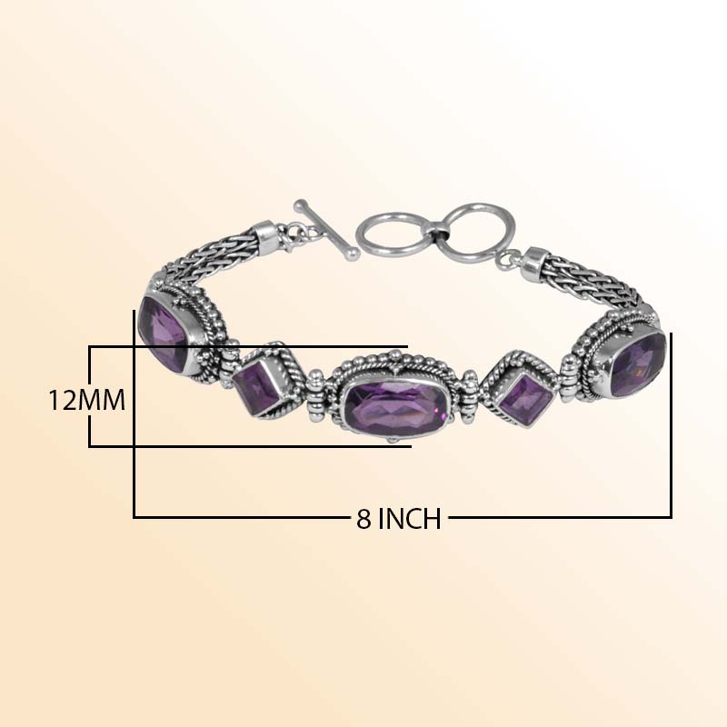 Sterling Silver Bracelet With Amethyst Quartz Multi-Shape Stones And Beaded Detailing