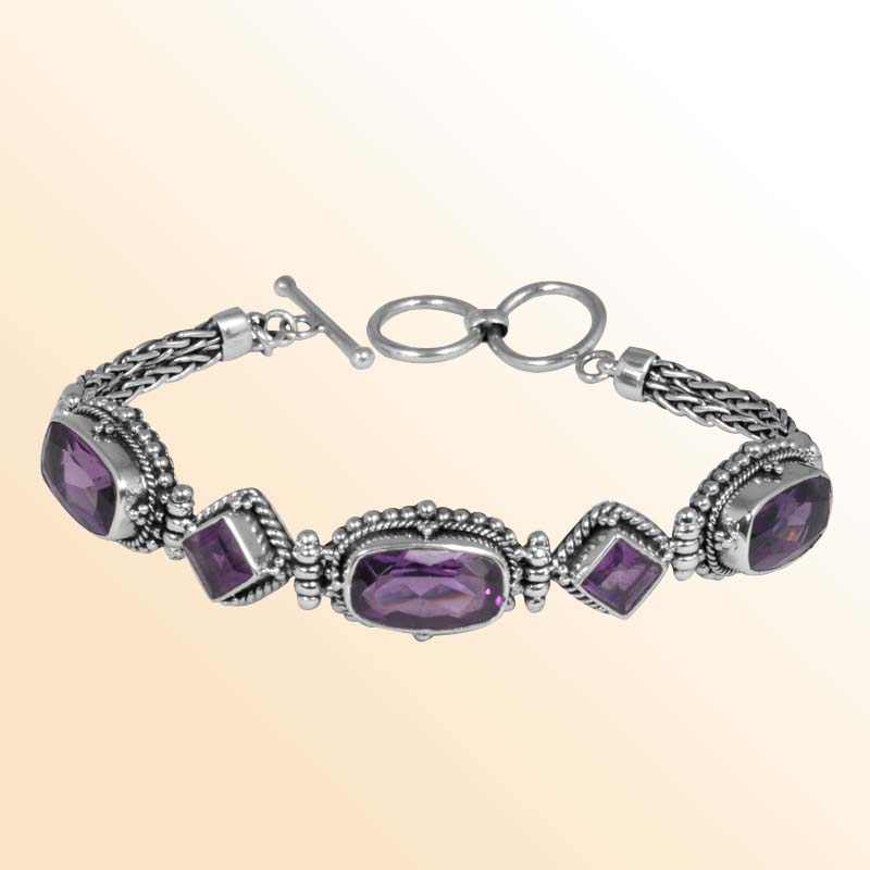 Sterling Silver Bracelet With Amethyst Quartz Multi-Shape Stones And Beaded Detailing