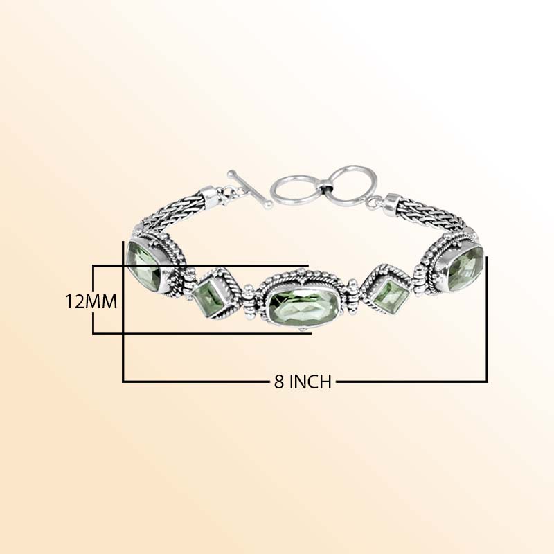 Sterling Silver Bracelet With Green Amethyst Quartz Multi-Shape Stones And Beaded Detailing