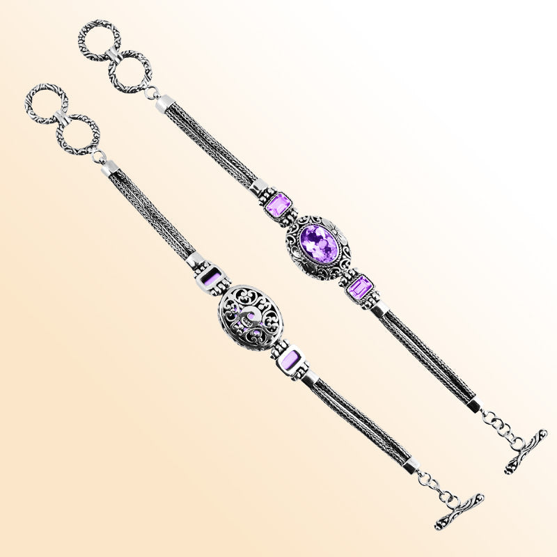 Handcrafted Sterling Silver Bracelet Featuring Amethyst Quartz Stones With Ornate Scrollwork And Woven Silver Links