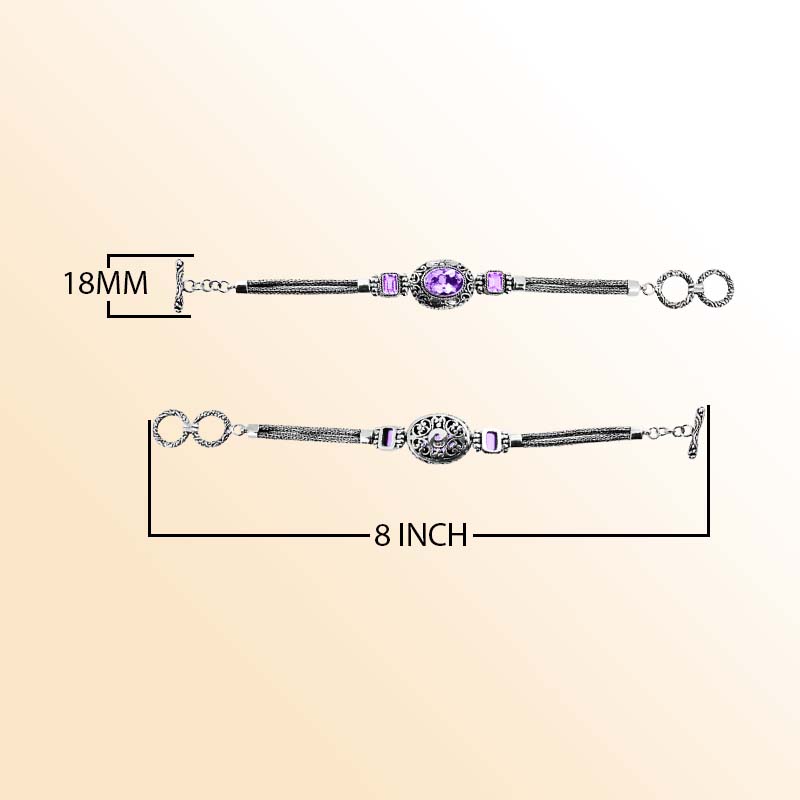 Handcrafted Sterling Silver Bracelet Featuring Amethyst Quartz Stones With Ornate Scrollwork And Woven Silver Links