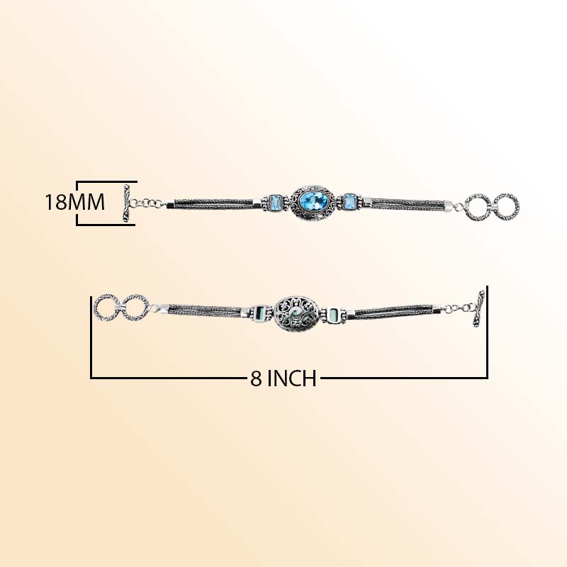 Handcrafted Sterling Silver Bracelet Featuring Blue Topaz Quartz Stones With Ornate Scrollwork And Woven Silver Links